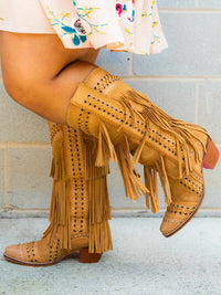 Thumbnail for All Around The Fringe — Wide Calf Western Fringe Boots in Tan Leather