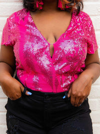 Thumbnail for plus size v-neck hot pink sequin top