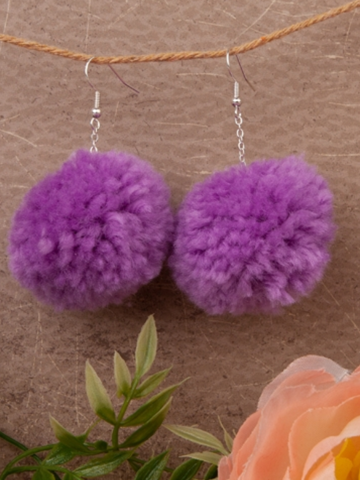 Pom Pom Earrings - Purple