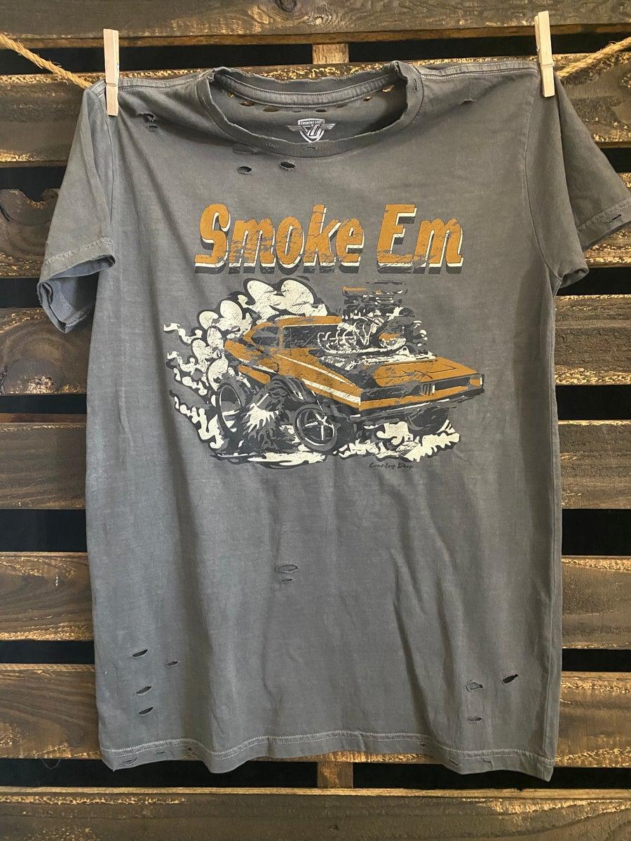 Smoke Em Muscle Car Distressed Tee-T Shirts-Southern Fried Chics