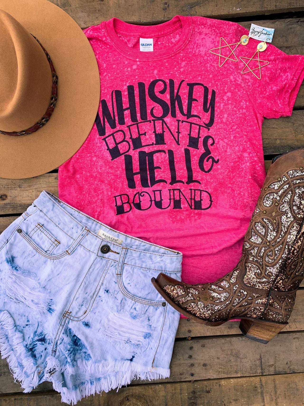 Whiskey Bent and Hell Bound Bleached Tee - Heather Red-T Shirts-Southern Fried Chics