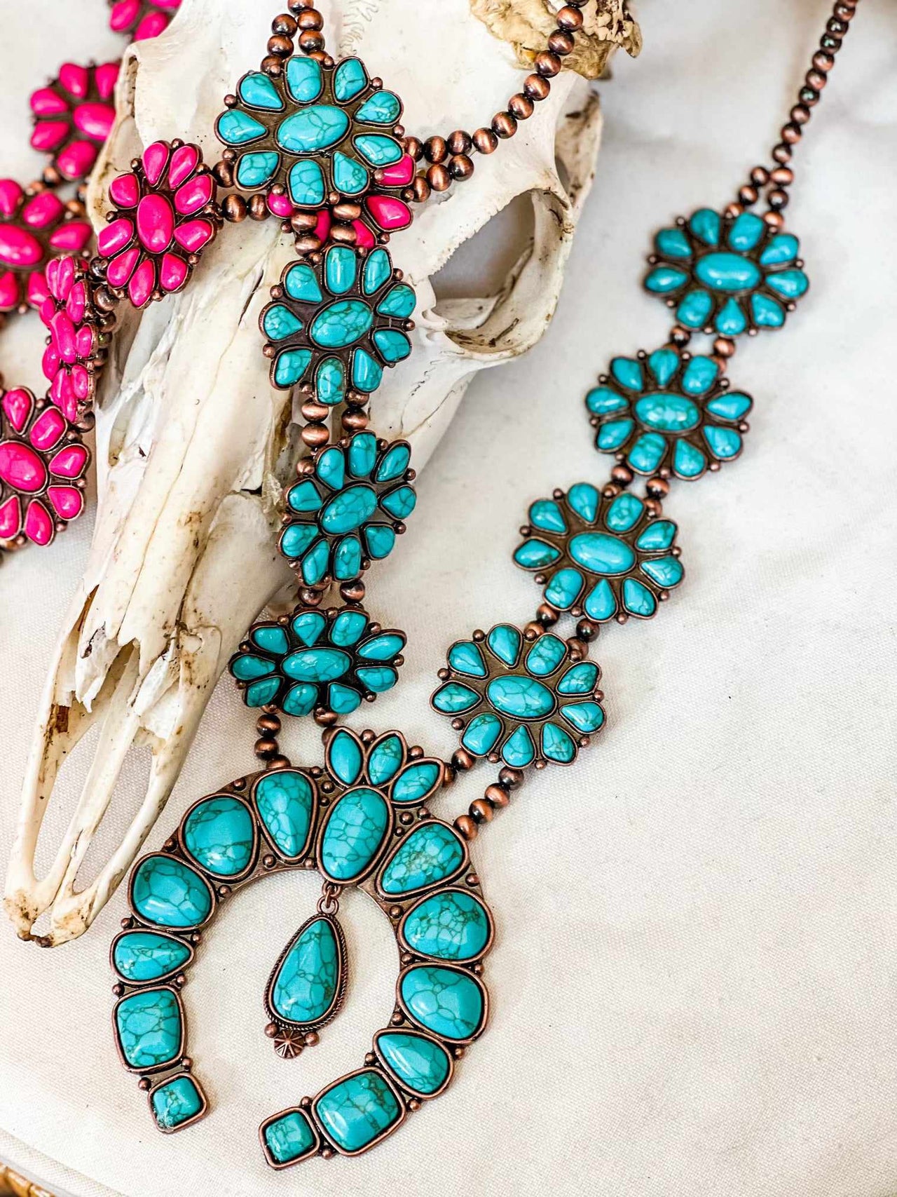 Western style Turquoise stone necklace with copper beads.