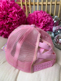 Thumbnail for Pink Velour Iridescent Sequin Ponytail Ballcap