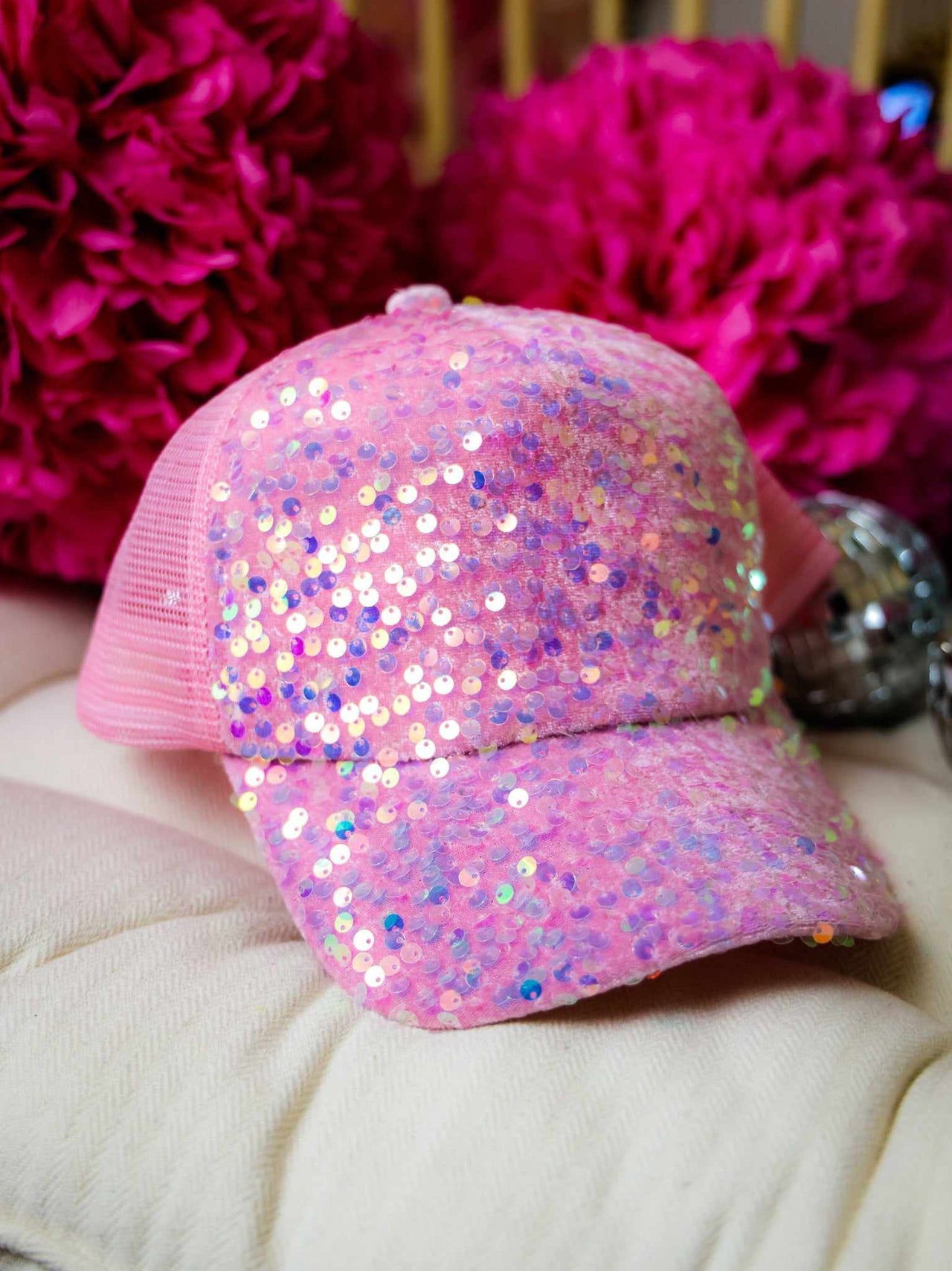 Pink Velour Iridescent Sequin Ponytail Ballcap