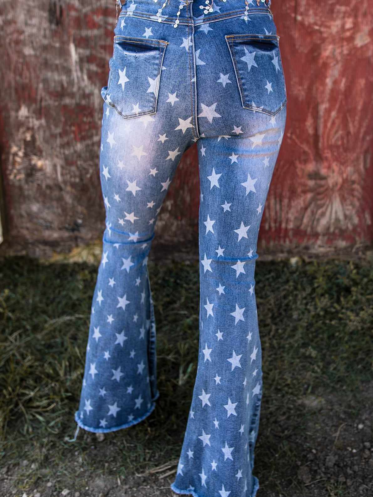 Star Print Super Flare Denim Pants