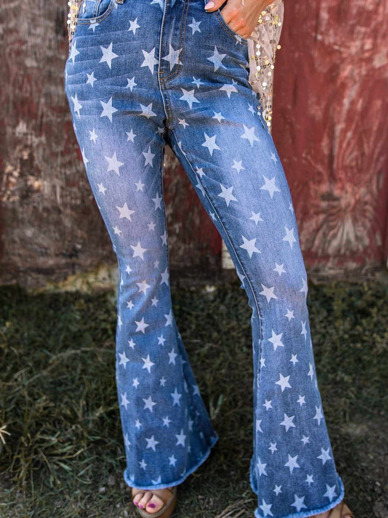 Star Print Super Flare Denim Pants